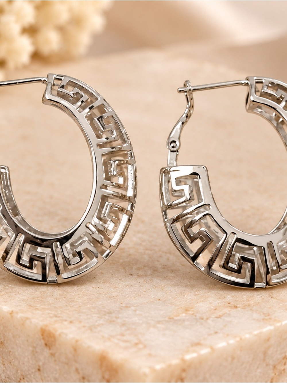 Silver Tone Greek Key Hoop Earrings Statement Fashion Jewelry for Women Pair